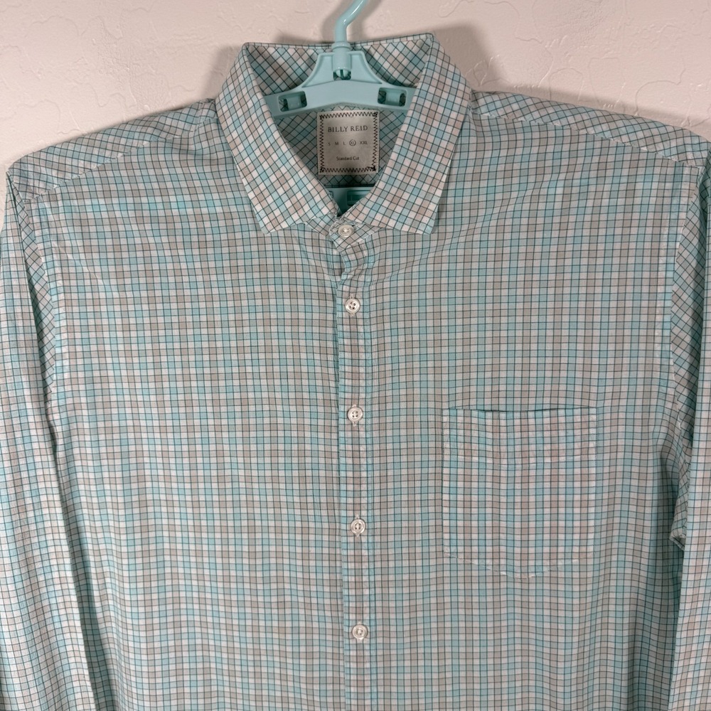 Billy Reid Shirt Mens XL Blue Button Up Long Sleeve Standard‎ Cut Check Cotton